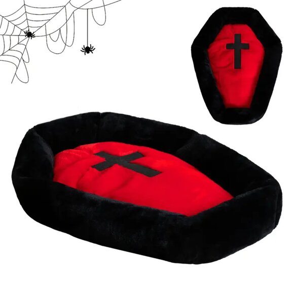 {NEW} Gothic Cat Bed (Fits Up To 25 Lbs) Washable Coffin Cat Bed Fluffy - Picture 1 of 6